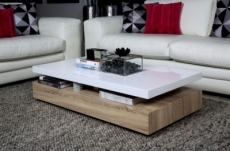 table basse design, dessus en bois laqué blanc martens