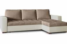 canapé d'angle convertible en tissu luxe marron et simili cuir beige, 5 places, avec coffre, angle droit (vu de face), nestor