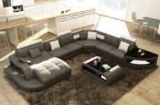 canapé d'angle en cuir italien 8 places nordik, gris foncé et blanc, angle droit et méridienne à gauche
