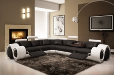 - canapé d'angle en cuir italien :  5/6 places petit excelia, noir et blanc, angle gauche -