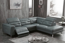canapé d'angle avec un relax électrique en cuir de buffle italien de luxe 6 places revolax gris foncé, angle droit,  pouf offert