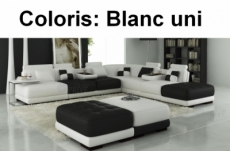 canapé d'angle standing en tout cuir haut de gamme italien vachette vénésetti. tout cuir supérieur luxe (tour de caisse en cuir) blanc n°781 blanc n°781. angle droit vu de face. avec 3 poufs blancs. coussins gris clair et blanc. vénésetti