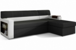 canapé d'angle convertible en tissu luxe noir et simili cuir blanc cassé, 5 places, avec coffre, angle droit (vu de face) - ricci