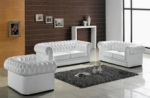 ensemble 3+2+1, canapé 3 places et canapé 2 places et fauteuil 1 place en cuir luxe italien chesterfield, blanc