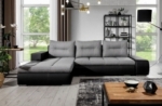 - canapé d'angle convertible en tissu luxe gris et simili cuir noir, 5 places, angle gauche (vu de face) - otello