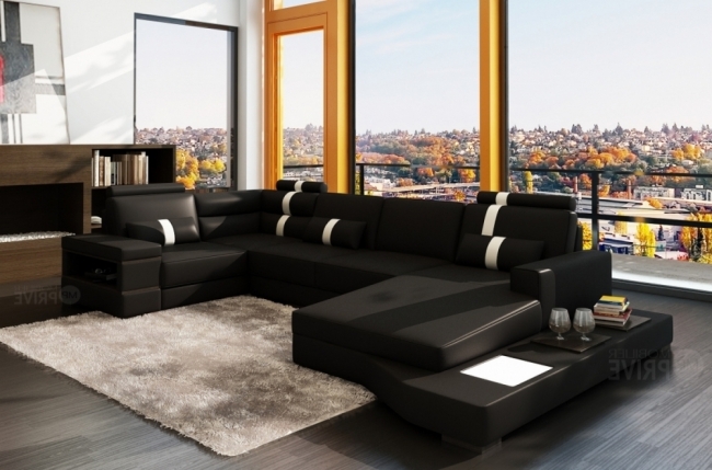 canapé d'angle en cuir italien 8 places venise, noir / blanc, angle gauche canapé d'angle en cuir italien 8 places venise, noir / blanc, angle gauche