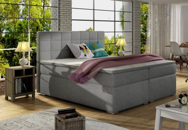 ensemble boxspring complet tête de lit + sommiers + matelas + surmatelas alven - tissu luxe gris - 160x200 cm