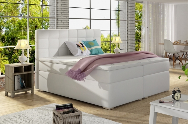 ensemble boxspring complet tête de lit + sommiers + matelas + surmatelas alven - simili cuir blanc cassé - 160x200 cm