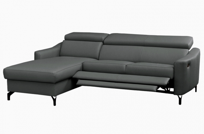 canapé d'angle relax en cuir de luxe italien avec relax électrique et coffre, ambert, gris foncé, angle gauche