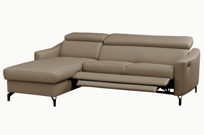 canapé d'angle relax en cuir de luxe italien avec relax électrique et coffre, ambert, beige, angle gauche