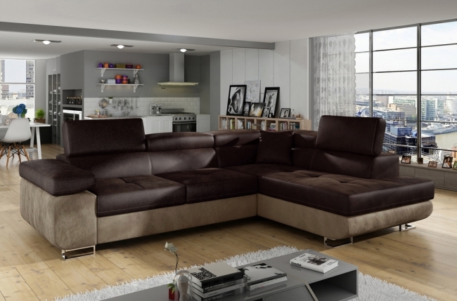 canapé d'angle convertible en velours luxe 5 places, avec coffre, chocolat / marron, angle droit (vu de face), annecy velours