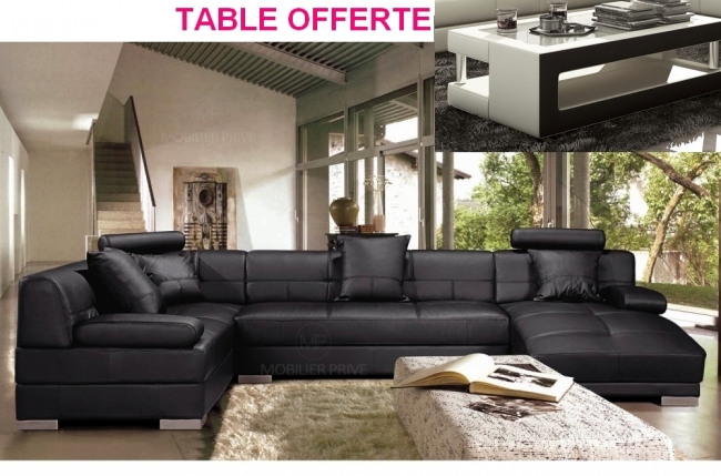 canapé d'angle en cuir italien 8 places napoli, noir, angle gauche, avec table xeri noire uni