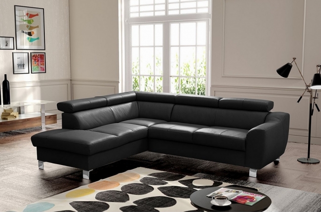 - canapé d'angle en cuir italien de luxe 5 places astero, noir, angle gauche