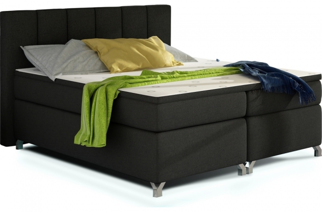 ensemble boxspring complet tête de lit + sommiers + matelas + surmatelas bassano - en tissu noir - 140x200 cm