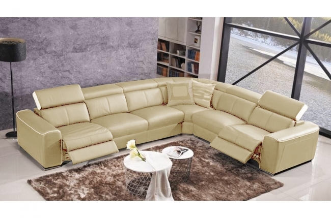 canapé d'angle double relax électrique en cuir de buffle italien de luxe 7/8 places bestrelax, beige et blanc, angle droit, 