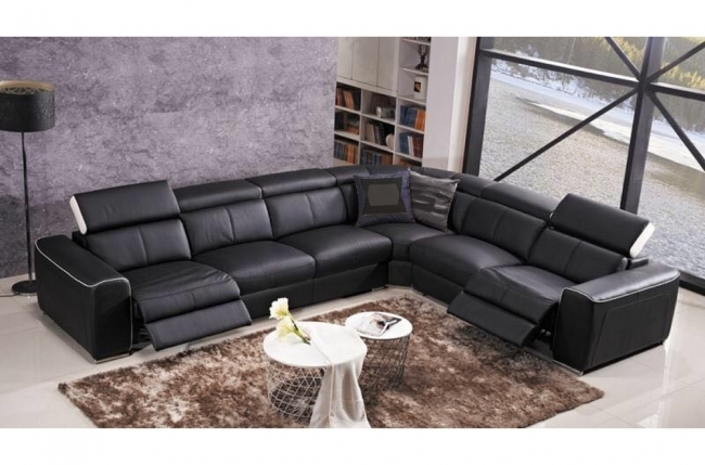 canapé d'angle double relax électrique en cuir de buffle italien de luxe 7/8 places bestrelax, noir et blanc, angle droit, sans table