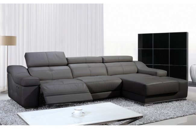 canapé d'angle double relax en cuir de buffle italien de luxe 5 places birelax, gris foncé, angle droit.