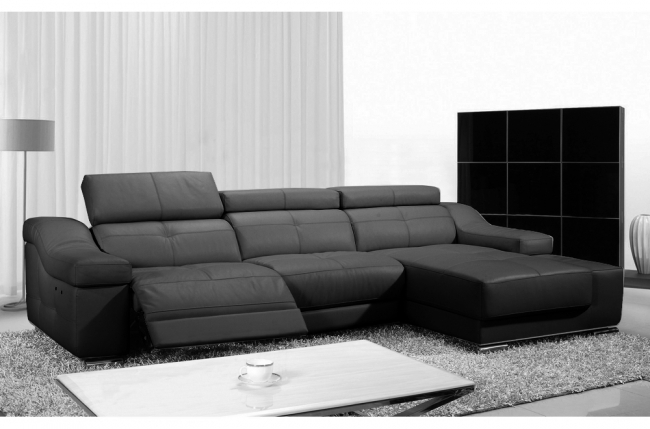 canapé d'angle double relax en cuir de buffle italien de luxe 5 places birelax, noir, angle droit