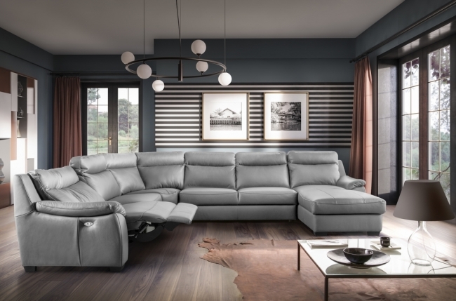 2eme paiement de la commande : canapé d'angle relax et convertible en cuir épais de luxe italien avec relax électrique, 8 places bosini, gris, angle gauche, total de la commande 4098 €