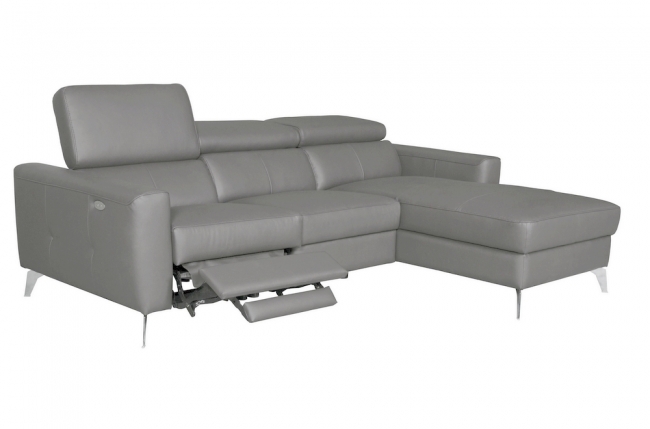 canapé d'angle en cuir italien de luxe 5 places botero, avec relax électrique, gris clair, angle droit