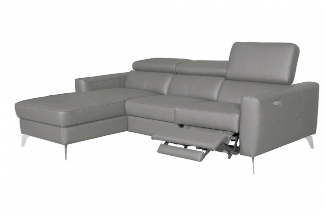 canapé d'angle en cuir italien de luxe 5 places botero, avec relax électrique, gris clair, angle gauche