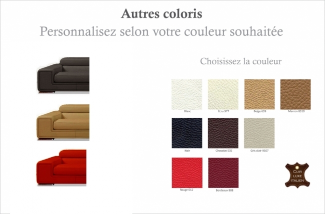 ensemble geneva 3 pièces: canapé 3 places + 2 places + fauteuil en cuir luxe italien vachette,  couleur personnalisée