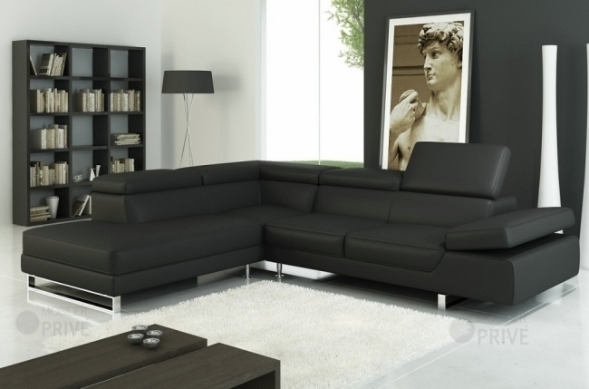 canapé d'angle en cuir luxe italien 5/6 places grand george, noir, angle gauche