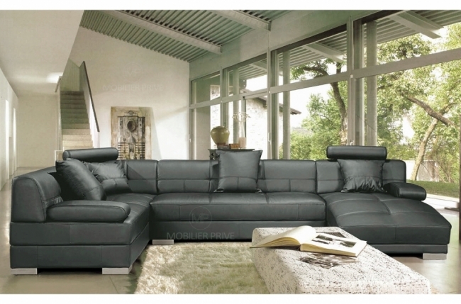 canapé d'angle en cuir prestige luxe italien 8 places napoli, gris foncé, angle gauche et méridiene à droite (vu de face)