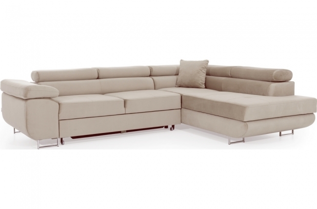 canapé d'angle convertible en velours luxe 5 places, avec coffre, beige, angle droit (vu de face), annecy velours