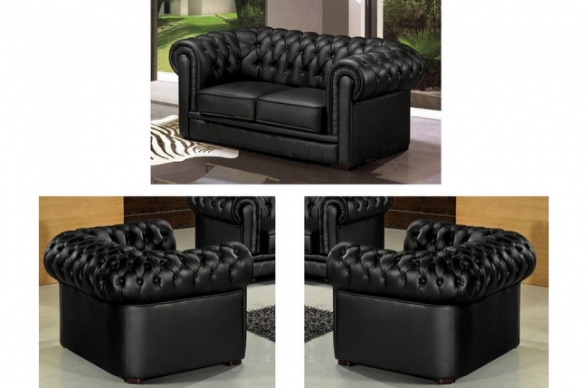 ensemble 2+1+1, canapé 2 places et 2 fauteuils 1 place, en cuir luxe italien chesterfield, noir