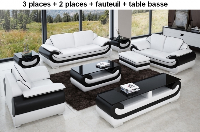 ensemble canapé 3 places et 2 places et fauteuil en cuir italien vachette candide, couleur blanc et noir.  table basse candide, blanc et noir
