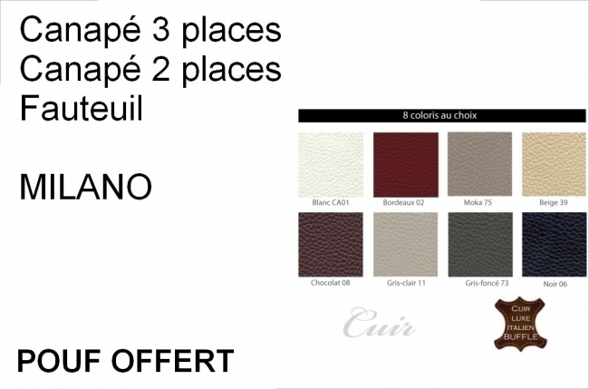 solde de paiement de la commande: ensemble canapé 3 places et 2 places et fauteuil en cuir italien buffle milano, couleur du canapé : beige, et couleur du liseret et couture : beige, pouf offert, 6x sans frais, total de la commande: 2147 euros