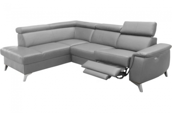 canapé d'angle en cuir italien de luxe 5/6 places avec relax électrique et coffre, lincoln, gris clair, angle gauche