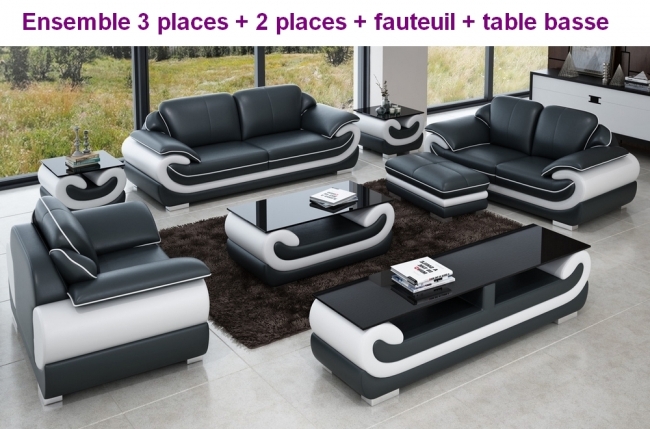 ensemble canapé 3 places et 2 places et fauteuil en cuir italien vachette candide, couleur noir et blanc, table basse noir et blanc ensemble canapé 3 places et 2 places et fauteuil en cuir italien vachette candide, couleur noir et blanc, table basse noir et blanc