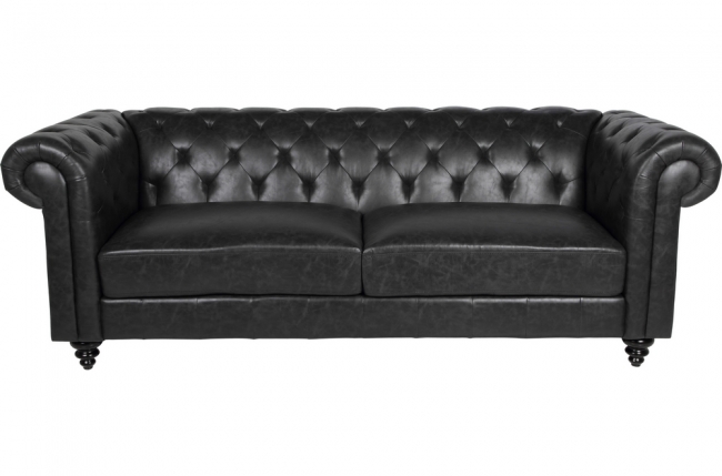 canapé 3 places charleston de qualité en simili cuir look vintage, coloris noir