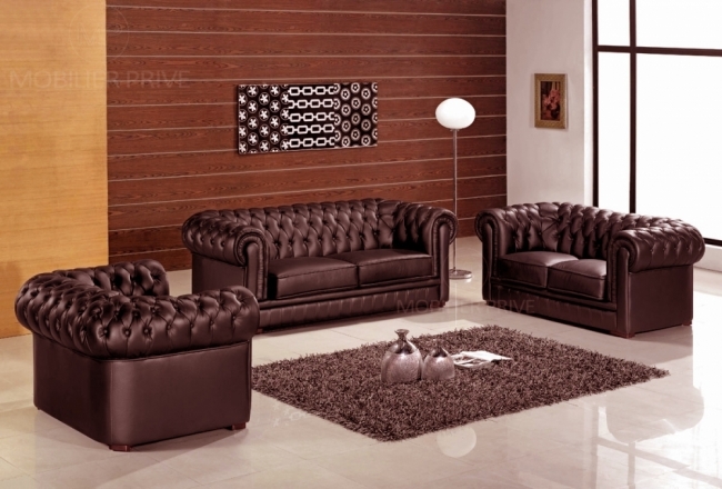 ensemble 3+2+1, canapé 3 places et canapé 2 places et fauteuil 1 place en cuir luxe italien chesterfield, chocolat