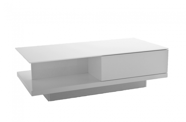 table basse design, blanc brillant, plateau de verre clair, cindy