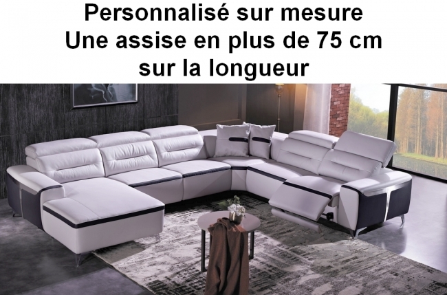 canapé d'angle relax électrique en cuir buffle italien de luxe combirelax, sur mesure personnalisé sur demande du client une assise en plus de 75cm, 442x291cm, blanc et noir, angle droit, table offerte canapé d'angle relax électrique en cuir buffle italien de luxe combirelax, sur mesure personnalisé sur demande du client une assise en plus de 75cm, 442x291cm, blanc et noir, angle droit, table offerte