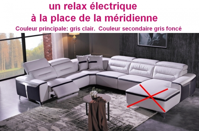canapé d'angle relax électrique cuir buffle italien luxe, sur mesure personnalisé: un relax à la place de la méridienne: combirelax,  gris clair principale, et gris foncé en couleur secondaire, angle gauche, table offerte, 6x sans frais, total: 2798€