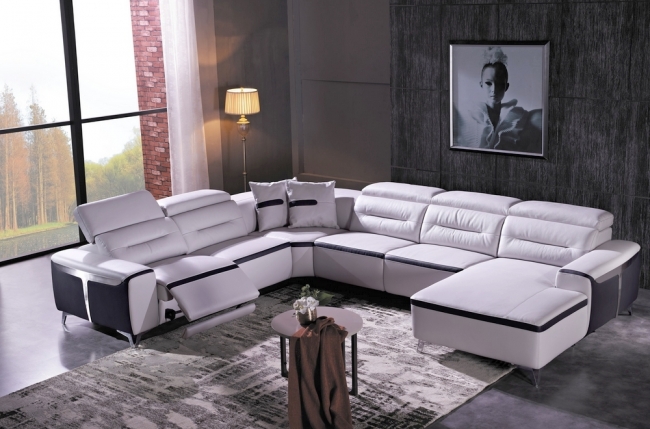 canapé d'angle relax électrique en cuir buffle italien de luxe: combirelax,   blanc et noir , angle gauche., 