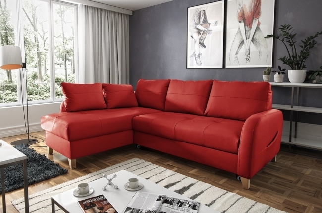 canapé d'angle convertible en cuir de luxe italien , 5 places conforia, rouge foncé, angle gauche