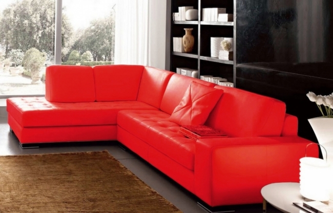 canapé d'angle divano en cuir italien vachette de qualité, rouge, angle gauche