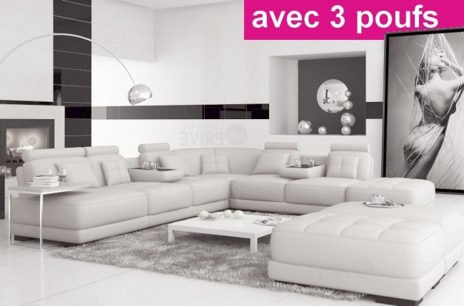 canapé d'angle en cuir italien 7/8 places elixir, blanc uni, angle droit, petite table bout de canapé offerte, 3 poufs inclus