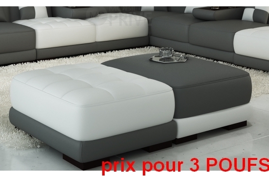 ensemble de 3 poufs en cuir italien elixir, gris foncé et blanc