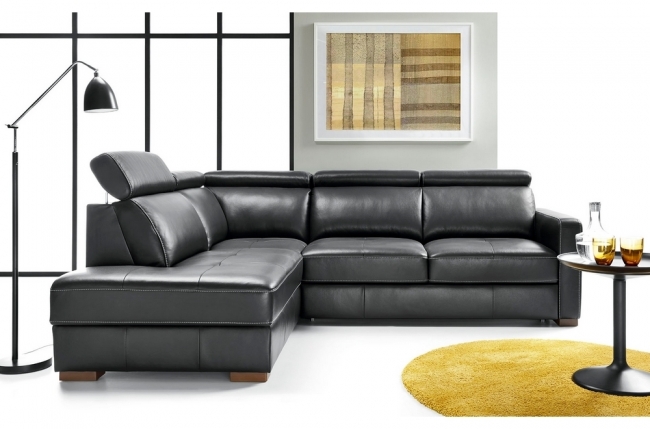 - canapé d'angle convertible en 100% tout cuir italien de luxe 5 places ernest, noir mat, angle gauche