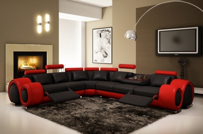 canapé d'angle en cuir italien 7 places excelia, noir et rouge, angle gauche, avec 2 poufs offerts