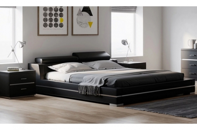 lit design en cuir italien de luxe fendo, avec sommier à lattes, noir, 140x190