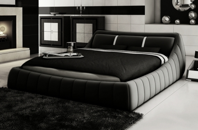 lit en cuir italien de luxe foster, noir avec 2 bandes blanches