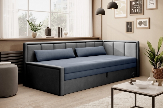 canapé convertible en tissu avec rangement, bleu et gris, angle droit, fula