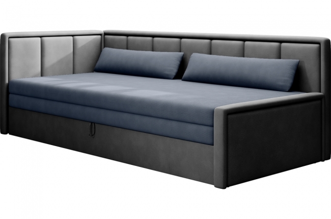 canapé convertible en tissu avec rangement, bleu et gris, angle gauche, fula